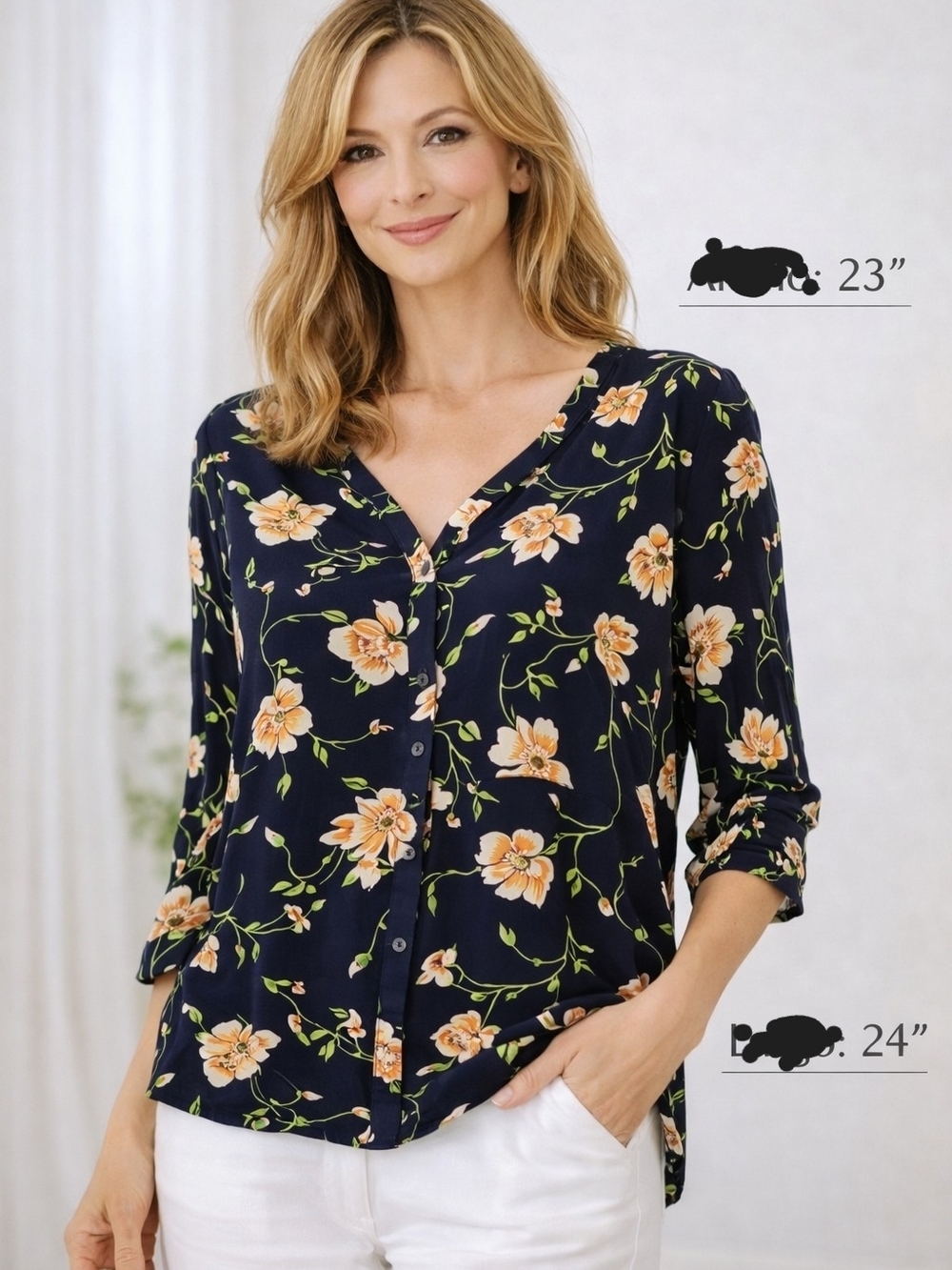 Cals Navy Floral Button-Front Blouse with Peach Flowers